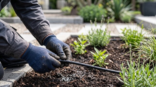 Landscaper Installing Drip Irrigation