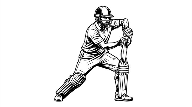 Dynamic cricket batsman wearing protective gear and helmet holding bat ready for powerful stroke in detailed black and white vector illustration style