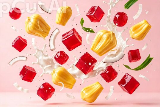 Thai tub tim krob red ruby dessert with coconut milk and jackfruit floating, 5K