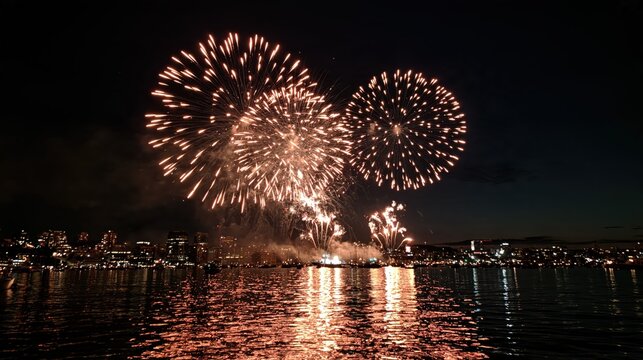 Spectacular fireworks exploding in the night sky over a city skyline reflected in dark water
