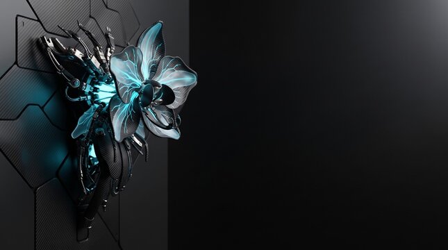 Cybernetic orchid with glowing blue accents emerges from a dark geometric wall