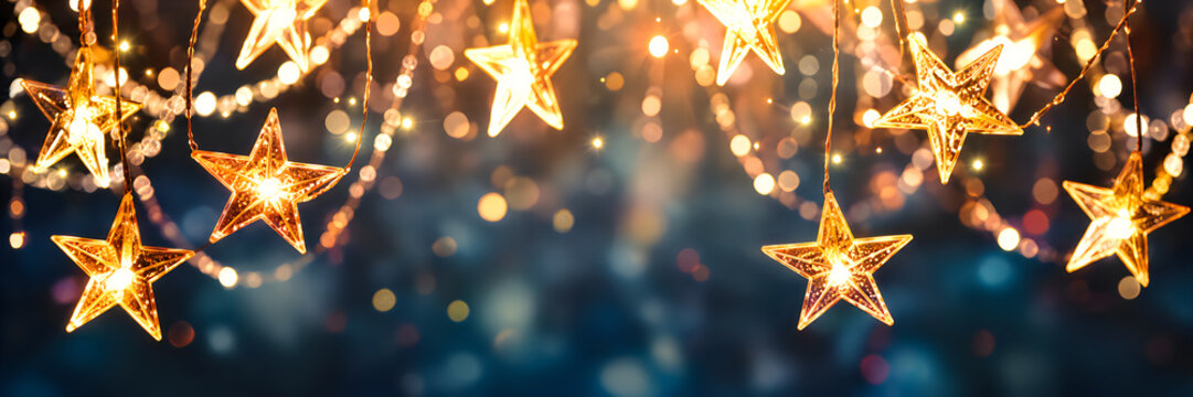 Glowing star shaped fairy lights hanging against a dark blue festive