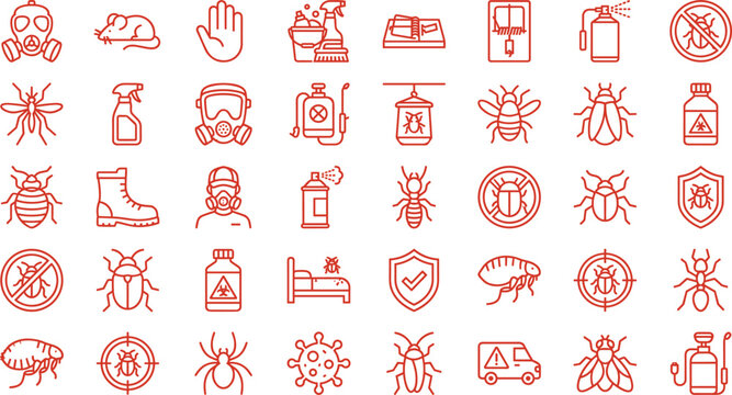 Pest control exterminator service outline icon set featuring insect bugs traps chemicals protective gear and spray tools