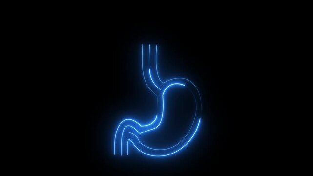 Neon stomach icon animation representing digestive system health acid reflux ulcer discomfort digestion process human anatomy gastrointestinal wellness medical care and modern healthcare technology co