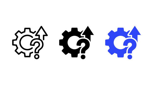 Gear with arrow and question mark icon set question strategy
