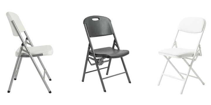 Three Folding Chairs in Gray, Black and White with Metal Frames for Indoor and Outdoor Seating

