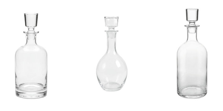 Three transparent glass bottles with fitted stoppers, featuring classic shapes and elegant proportions for storing spirits, oils or decorative liquids.


