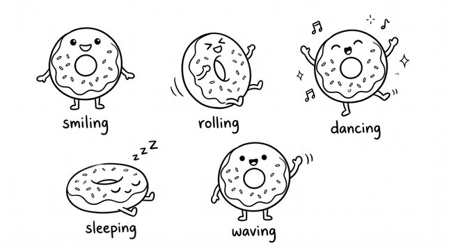 Set of cute hand drawn donut characters with different expressions and poses in black and white.