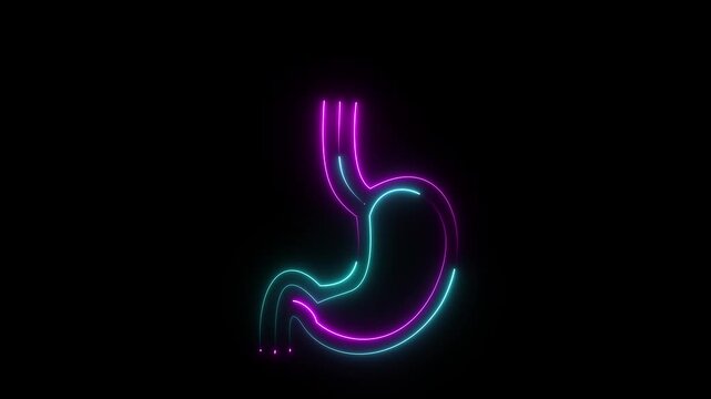 Neon stomach icon animation representing digestive system health acid reflux ulcer discomfort digestion process human anatomy gastrointestinal wellness medical care and modern healthcare technology co
