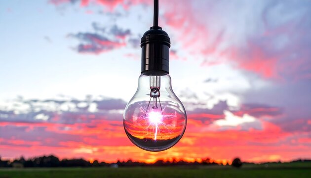 Bombilla de cristal colgante frente a un cielo de atardecer rosa
