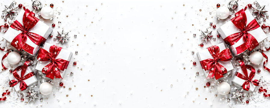 Christmas gift boxes with red ribbons and silver ornaments on a white