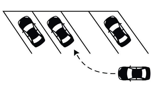 Vector illustration of car parking maneuver showing reverse parking technique with directional arrows inside lots