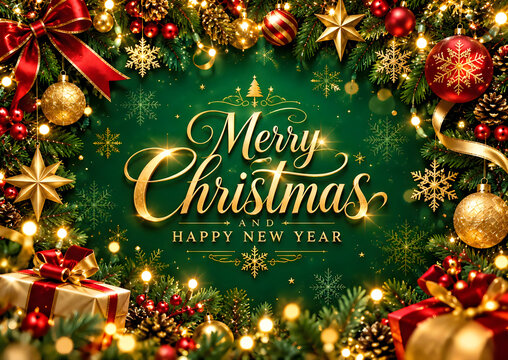 Merry Christmas and Happy New Year greeting card with golden text and