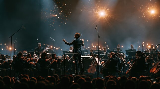 Conductor leading symphony orchestra during a dramatic outdoor concert with atmospheric lighting and fireworks