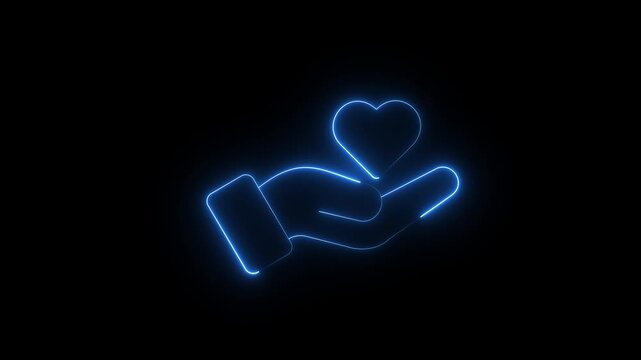 glowing neon blue hand icon animation holding heart symbol representing care support love kindness compassion healthcare charity emotional connection human wellness and helping concept