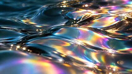 Fototapeta premium Iridescent oil slick on dark rippling water surface creating rainbow reflections