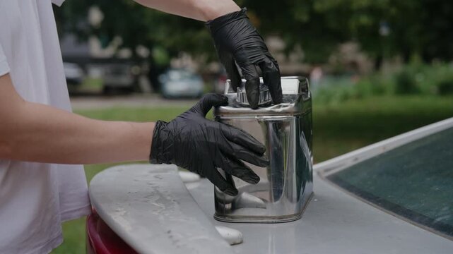 Unrecognizable person wearing black gloves opening shiny metal jerry can and attaches white pouring spout. Canister sitting on car spoiler outdoors, ready for refueling, close-up, slow motion.
