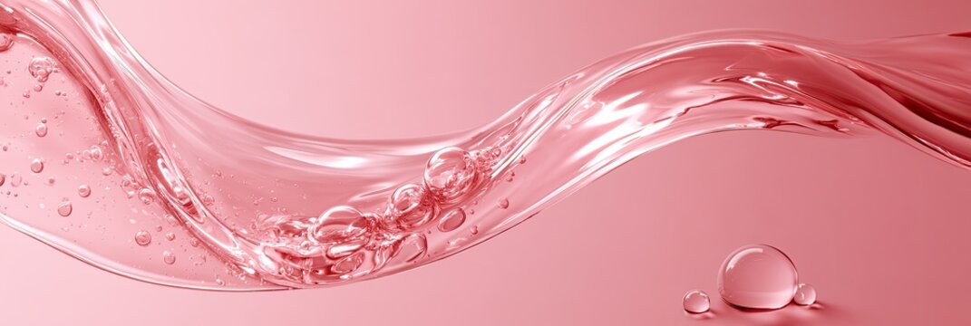 A delicate pink liquid flows in a wave, with small bubbles and droplets