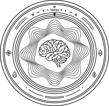 Abstract circular icon featuring a central brain with digital nodes and wave patterns.
