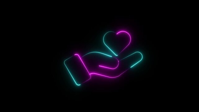 glowing neon hand icon animation holding heart symbol representing care support love kindness compassion healthcare charity emotional connection human wellness and helping concept