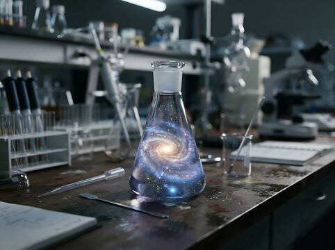 Conical Glass Flask Containing Glowing Spiral Galaxy On Cluttered Science Laboratory Bench