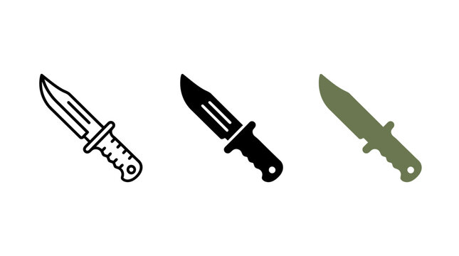 Tactical combat knife icon set in three styles with tactical