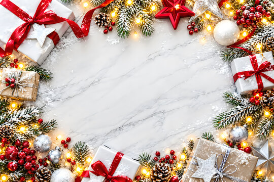Christmas gift frame with red ribbons and pine branches on white
