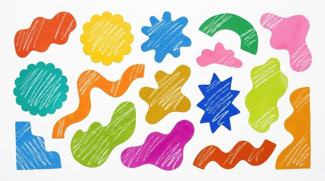 Colorful Abstract Hand Drawn Organic Shapes with Crayon Texture Isolated on White Background for Graphic Design Elements