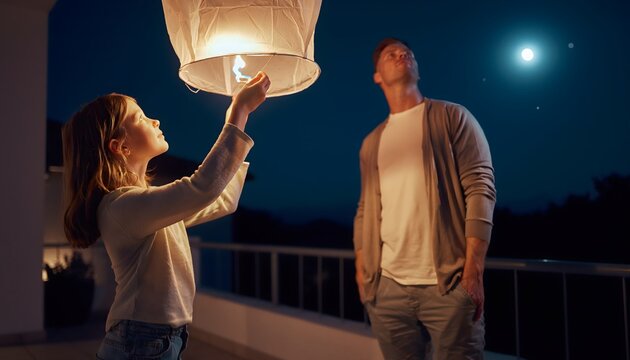 Mujer soltando un farolillo volador de papel bajo el cielo nocturno
