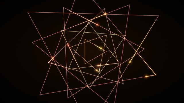 Abstract geometric animation of glowing golden triangles rotating and expanding on a dark background, representing digital art and technology