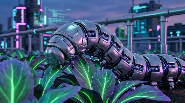 Robotic caterpillar crawling on bioluminescent plants.