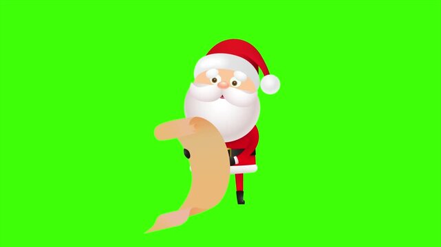 A cute cartoon Santa Claus holding and checking a long parchment scroll wish list on a green screen background for chroma key for video editing.