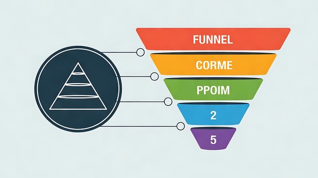 Hand holding white stylus pointing at colorful marketing funnel diagram with stages Awareness, Interest, Consideration, Conversion, Loyalty on black background featuring sales funnel