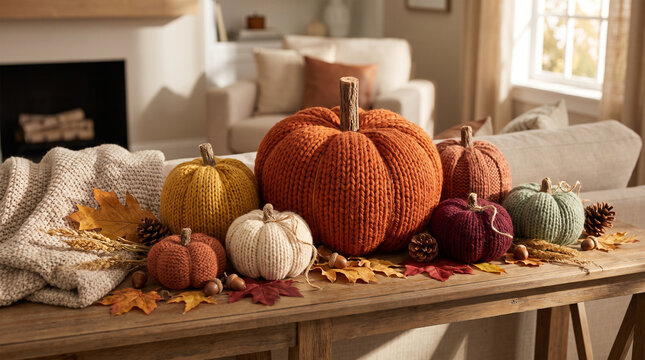 Knitted pumpkin decorations arranged on a wooden table for fall decor  
