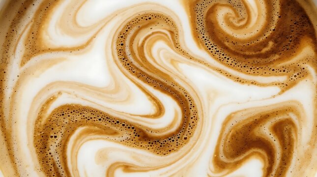 Coffee and milk swirl texture creating an abstract marbled background in bright light