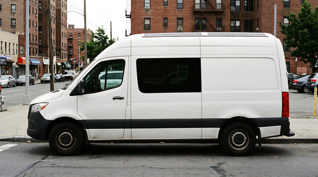 Side view of white high roof camper van with low profile solar array parked curb side photo, urban stealth camping van life setup on city street, and clean energy transport backdrop.