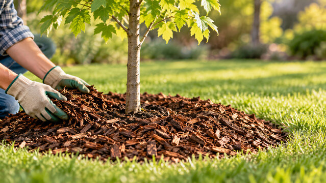 Young person mulching around a small tree in a sunny garden  