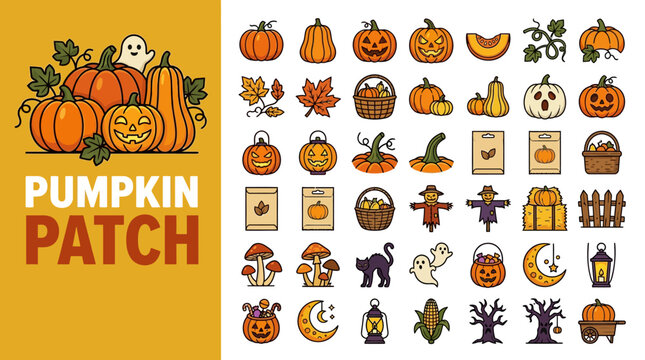 Halloween Pumpkin Patch icon set featuring jack-o-lanterns, ghosts, autumn leaves, and spooky holiday elements in a flat vector illustration style