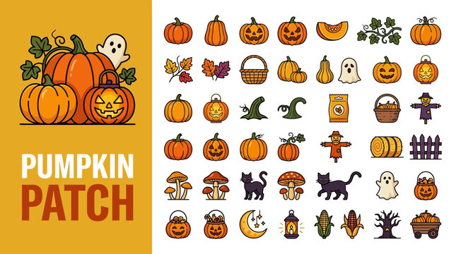 Halloween Pumpkin Patch icon set featuring jack-o-lanterns, ghosts, black cats, and autumn harvest elements in a flat vector illustration style