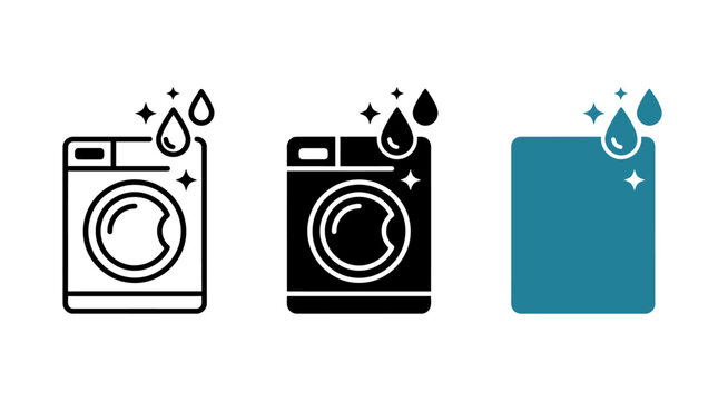 Washing machine with water drops icon set appliance housework