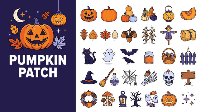 Halloween Pumpkin Patch Icon Set with Jack-o-lanterns, Ghosts, Bats, and Spooky Autumn Elements for Seasonal Holiday Design