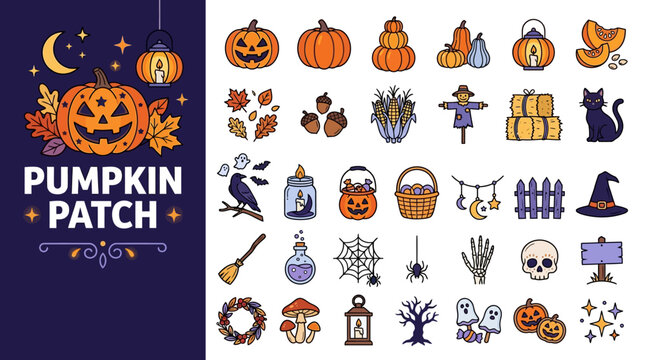 Halloween Pumpkin Patch icon set featuring jack-o-lanterns, ghosts, spooky trees, and autumn harvest elements in a flat vector illustration style