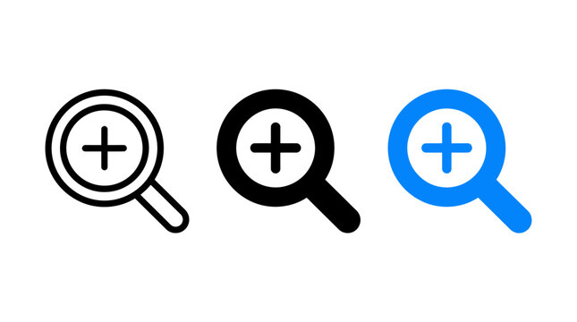 Set of zoom in magnifying glass icons in various styles