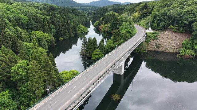ドローンで撮る日本の風景 新緑広がる福井の森林と水鏡が美しい河川道路を上昇空撮