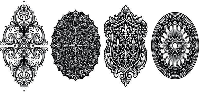 Vintage Baroque baroque ornament elements and Victorian filigree frame set for luxury damask wedding invitation greeting card decoration crest design
