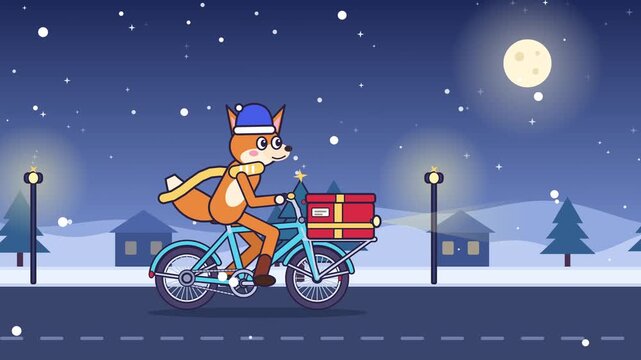 Cute cartoon fox riding bicycle delivering gifts at night video footage