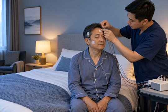 Sleep technician attaching forehead electrodes to a middle aged Asian man before an overnight sleep study in a comfortable clinical bedroom
