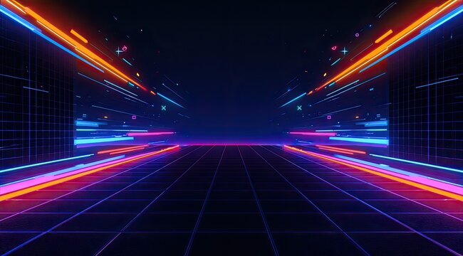 Neon grid perspective with light streaks, abstract digital space