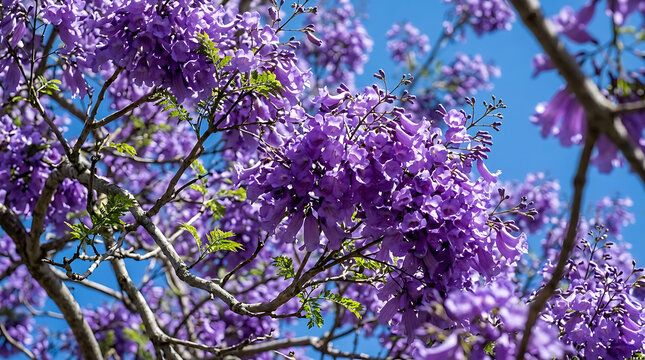 Jacaranda Mimosifolia Tree in Full Bloom with Clusters of Vibrant Purple Flowers Against a Clear Sky, Beautiful Spring Nature and Botanical Landscape