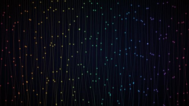 Abstract digital art video clip showing glowing colorful particles on dark background with vertical lines